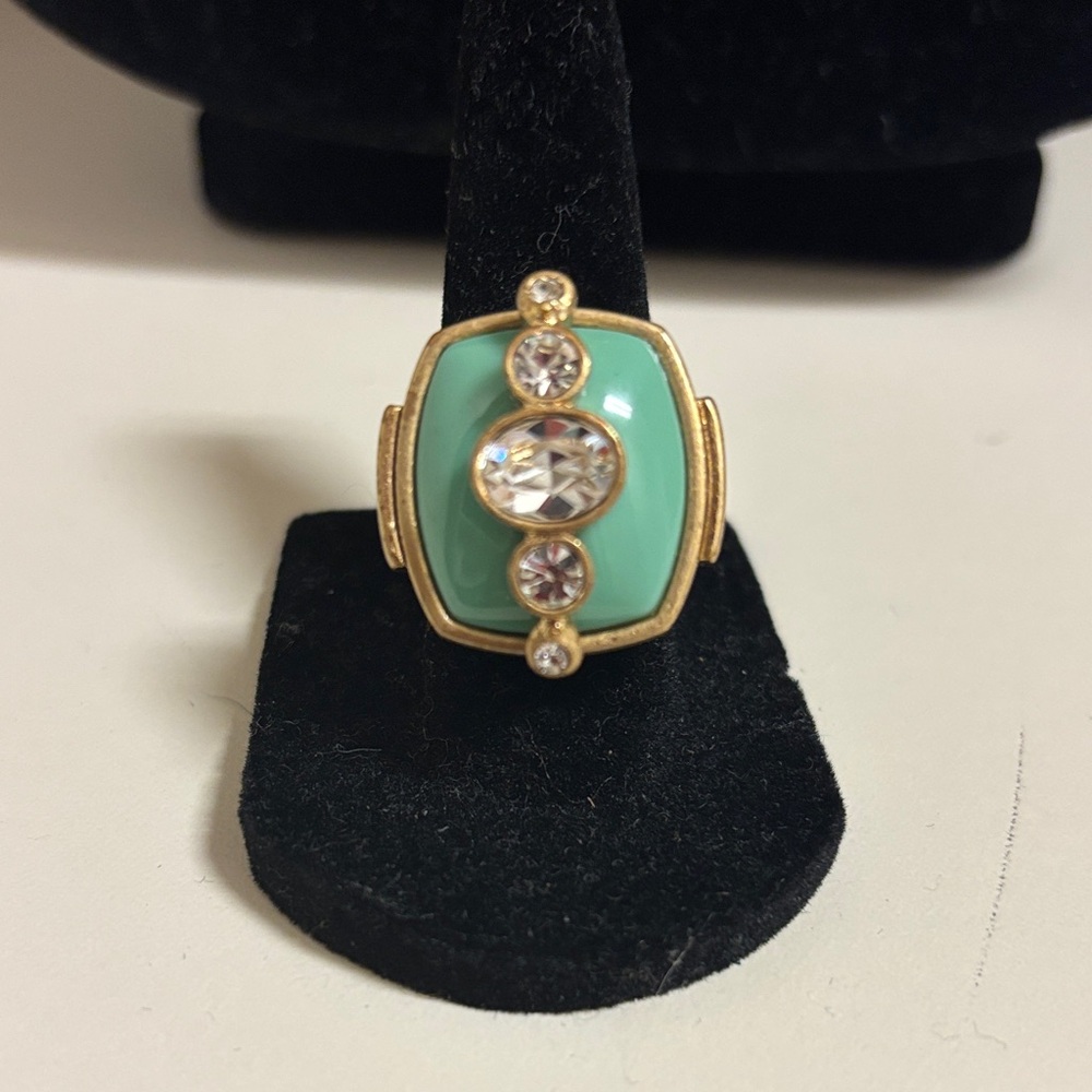 NWT Lia Sophia Signed Brushed Gold & Turquoise Stone with Crystal Statement Ring